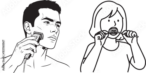 Black and White Line Art of Male Shaving and Female Flossing