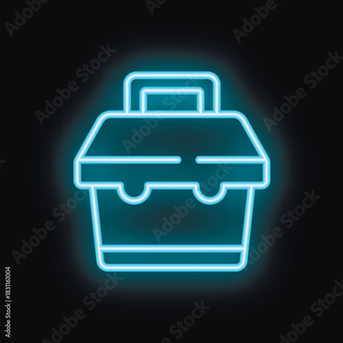 Blue neon lunch box glowing on black background representing concept of lunch break