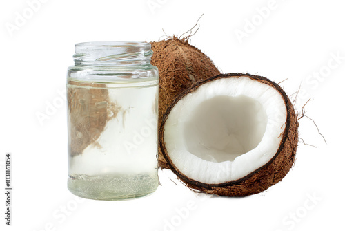 Coconut oil in jar with fresh coconut isolated on transparent background