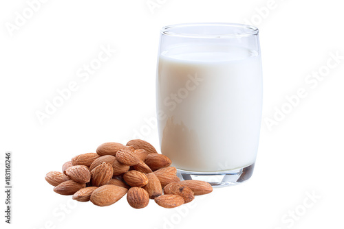 Fotografía Glass of almond milk with almonds isolated on transparent background