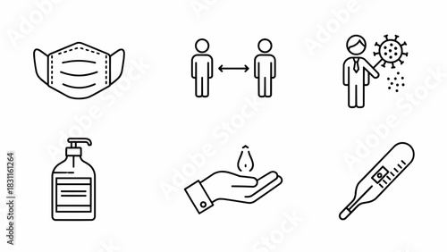 Illustration of health measures during a pandemic outbreak with mask, hand sanitizer, and thermometer