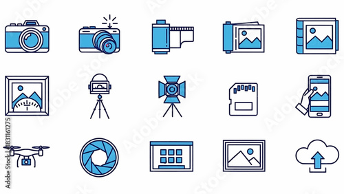 A collection of photography icons displayed on a white background showcasing various camera and image editing tools from different viewpoints