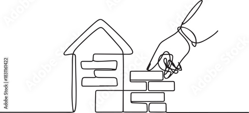 One line continuous building house. Concept of hand arranging bricks. one line Icon drawing