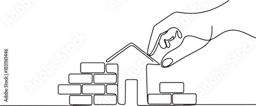 One line continuous building house. Concept of hand arranging bricks. one line Icon drawing