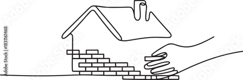 One line continuous building house. Concept of hand arranging bricks. one line Icon drawing