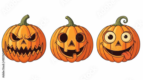 Three halloween pumpkins with different facial expressions displayed side by side on a white background
