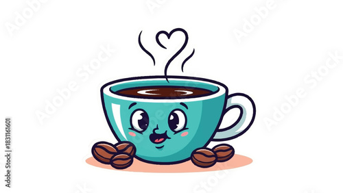 Cute Coffee Cup with Heart Steam and Coffee Beans.