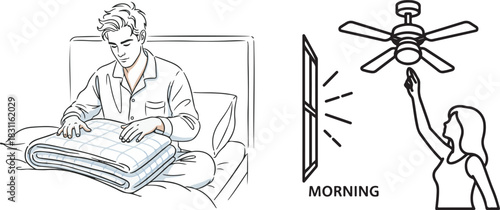Line Art of Man Folding Blanket and Woman Adjusting Ceiling Fan