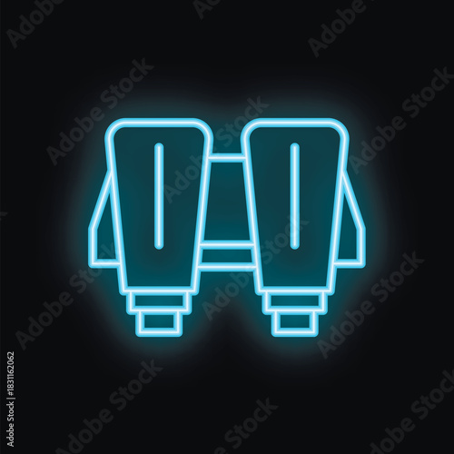 Blue neon binoculars icon is glowing on a dark background, representing searching and finding