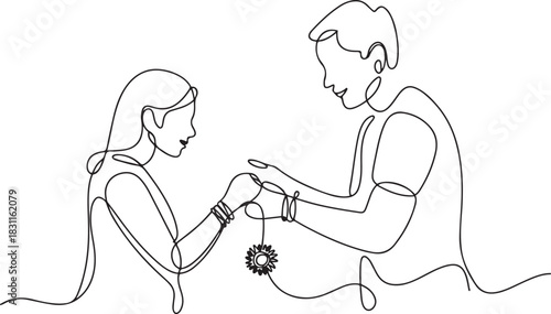 Raksha Bandhan celebration continuous one line drawing. Sister tying on brother’s hand, Raksha Bandhan celebration continuous one line drawing. one line Icon drawing