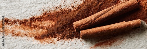 Two cinnamon sticks lie on a bed of scattered cinnamon powder over textured paper, creating a warm, aromatic and rustic close-up scene