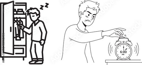 Black and White Line Art Morning Routine Waking Up Sleepy Man