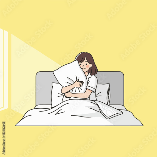 Minimalist Cartoon Illustration of Woman Waking Up in Cozy Bed