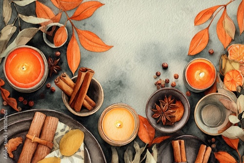 Top view of a moody autumn table with cinnamon sticks, glowing candles, dried citrus, and anise stars arranged among orange leaves in a cozy watercolor style