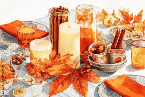 Autumn table setting with candles, cinnamon sticks, nuts, dried fruit, and orange leaves creates a warm seasonal atmosphere in a cozy watercolor composition