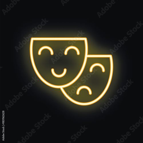 Glowing yellow neon comedy and tragedy masks are representing theater acting on a black background