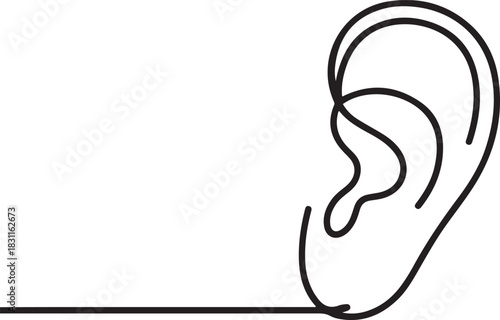 Ear one line drawing and isolated continuous outline vector illustration icon. one line Icon drawing
