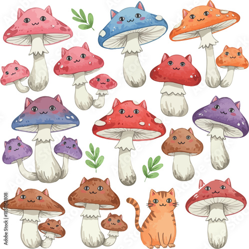Whimsical watercolor cat mushrooms and a cute orange tabby kitten
