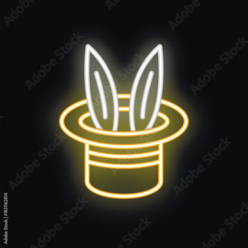 Neon sign representing a magic trick with rabbit ears popping out of a hat, great as an illustration for entertainment
