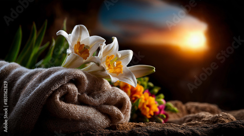 Empty tomb at first light, stone rolled away, folded linen, lilies and sunrise, He is risen tone, with copy space