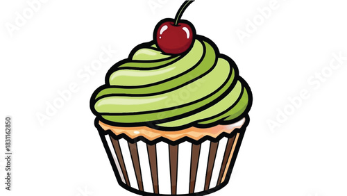 A delicious green frosted cupcake with a cherry on top.