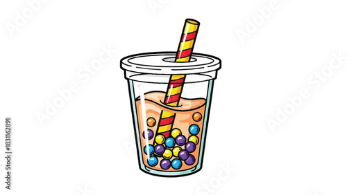 Refreshing bubble tea drink with colorful tapioca pearls and straw.