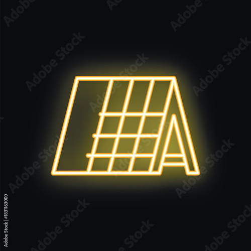 Bright yellow neon icon of a solar panel, shining on a black background