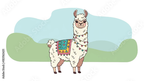 Cute Fluffy Llama Wearing a Colorful Blanket and Necklaces.