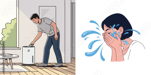 Flat Vector Illustration of Home Air Purification and Skincare Routine