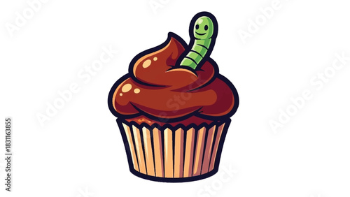 Chocolate Cupcake with Green Worm Topper Cartoon Illustration.