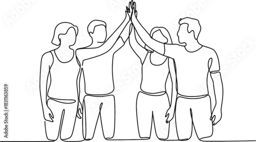 Continuous line drawing of team giving high five on transparent background