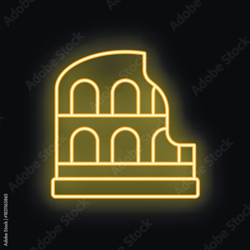 Neon yellow icon of the colosseum glowing brightly against a black background