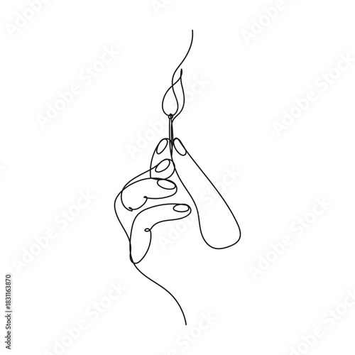 Hand holding a lit match. Minimal one line vector. Flame, ignition and the spark of new ideas concept.