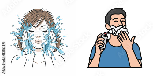 Vector Illustrations of Woman Washing Face and Man Shaving Routine