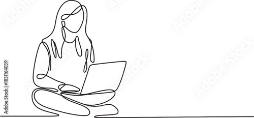 Woman working on laptop continuous line drawing