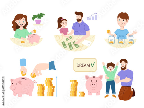 Financial literacy concepts for children. Saving in a piggy bank, making a budget, receiving pocket money and achieving a dream goal. Financial education scenes for children.