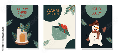 Set of three Christmas cards with candles, an open gift box and cute snowman in minimalist style on dark background. 