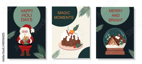  Set of three modern Christmas cards with Santa, Christmas pudding and with a snow globe and festive greeting quotes in minimalist design