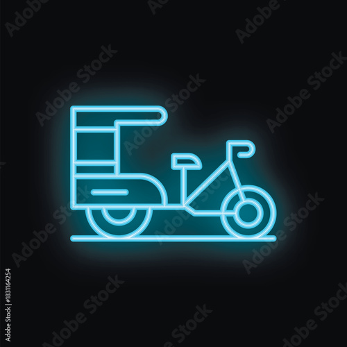 Glowing neon blue icon of a tuk tuk taxi on a black background