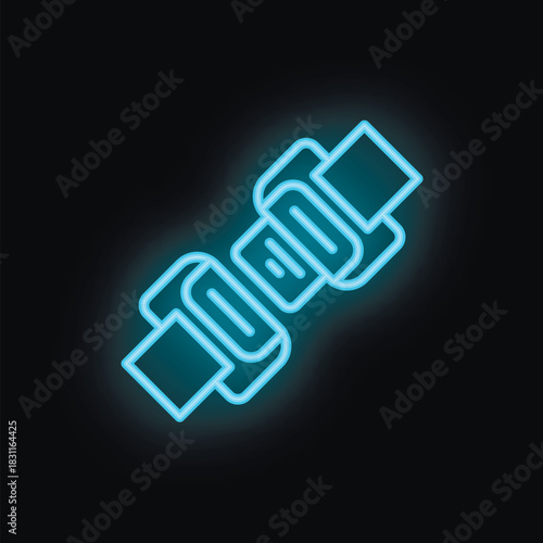 Blue neon icon of a safety seat belt glowing on a black background