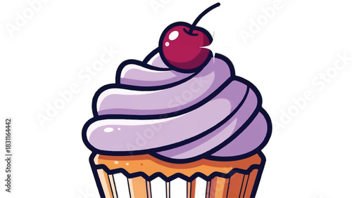 Delicious cupcake with purple frosting and a cherry on top.