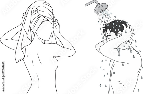 Monochrome Outline Illustrations of People Washing and Hair Drying