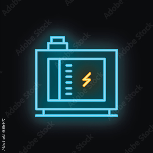 Blue and yellow neon sign of a generator providing electricity backup power