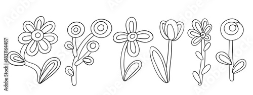 A set of sketches and doodles of decorative, abstract flowers. Stylized botanical elements. Vector graphics.