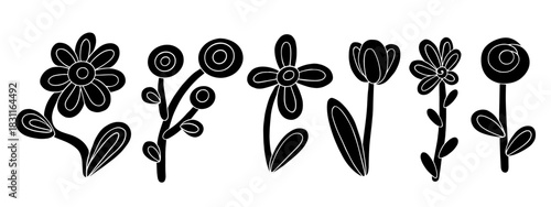 Set of silhouettes and stamps of decorative and abstract flowers. Stylized botanical elements. Vector graphics.