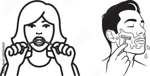 Monochrome Line Art Illustrations of Dental Hygiene and Male Grooming