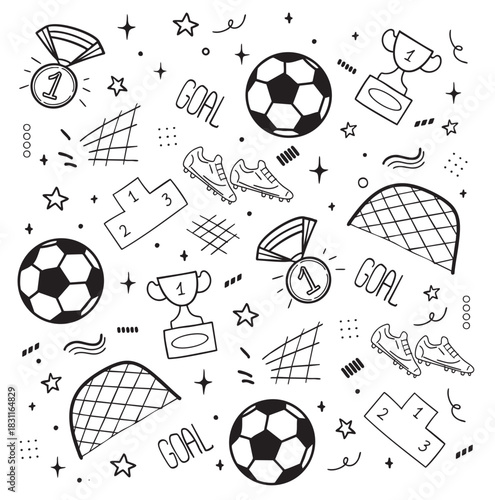 hand-drawn soccer pattern featuring footballs, goals, trophies, medals, cleats, and sporty doodles on a white background.