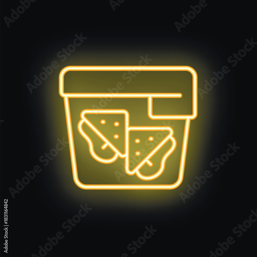Yellow glowing neon icon of a lunchbox containing two sandwiches, ideal for a restaurant or food delivery service