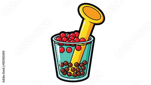 Cartoon glass filled with red berries and a yellow pestle.