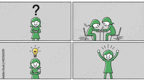 A four-panel comic strip illustrating a womans journey from confusion to triumph.